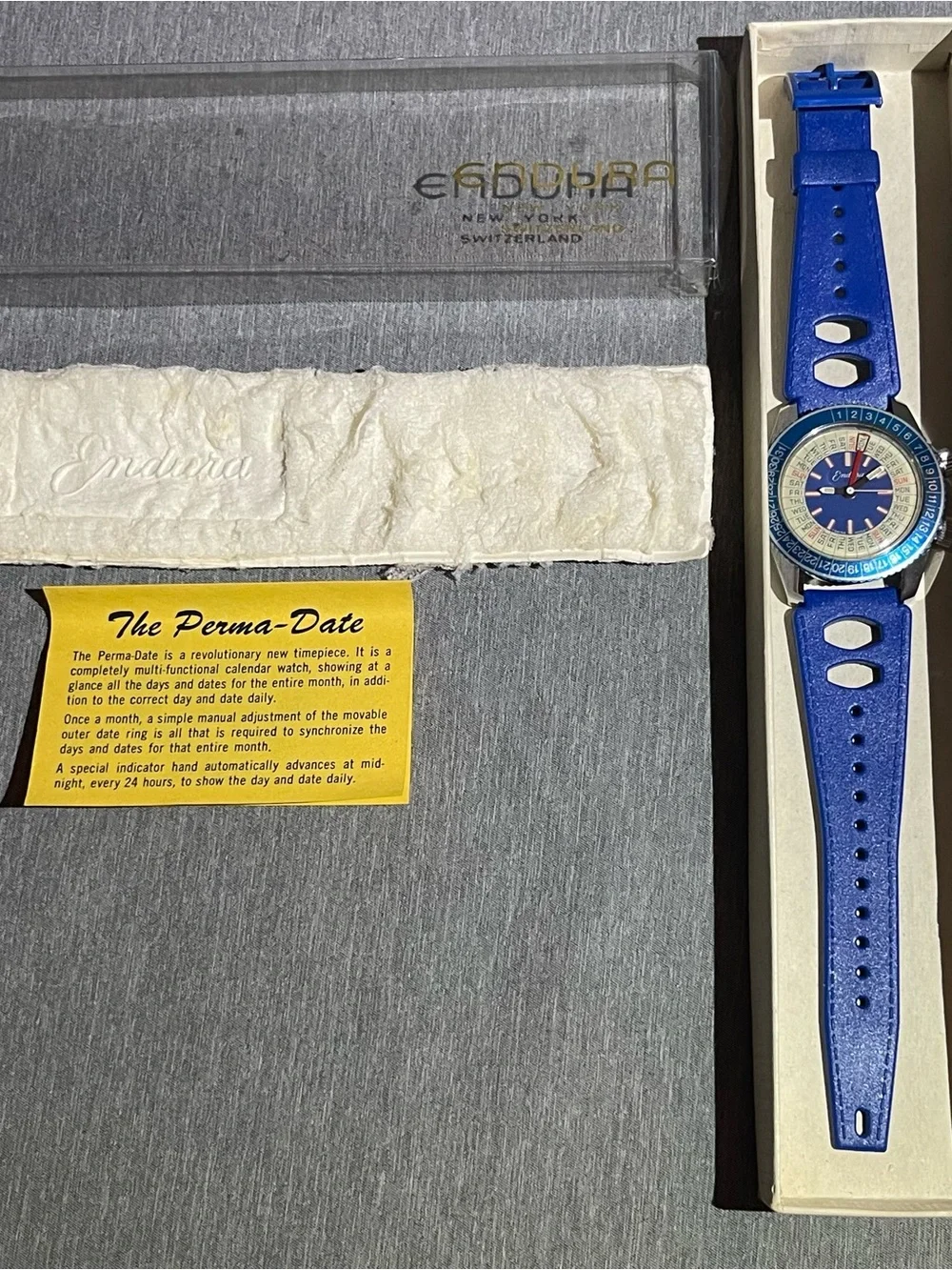 Vintage 1970 Endura PermaDate Calendar Watch Blue NOS Working W Box, Paper & Pad